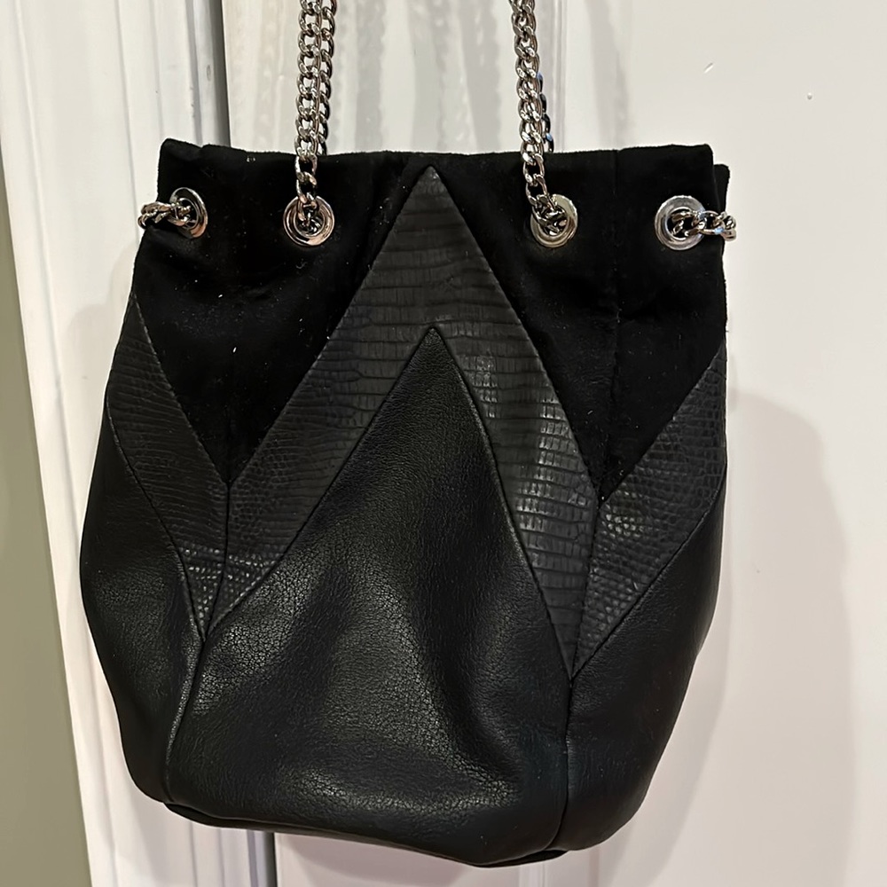 Express black buckets bag, Two tone material pattern